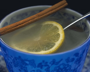 sliced lemon in cup filled with water
