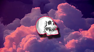 white skull illustration, digital art, skull, clouds, minimalism