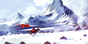man riding horse holding red flag illustration, digital art, Dominik Mayer, artwork, snow