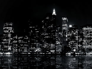 black and white computer tower, city, cityscape, reflection, night HD wallpaper