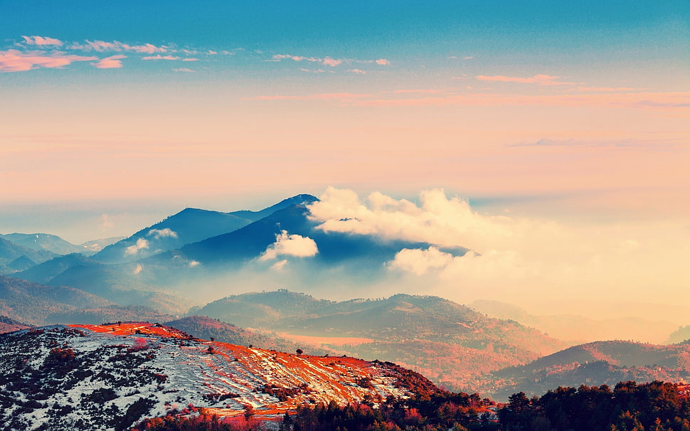 white clouds, mountains, clouds, environment, blue HD wallpaper