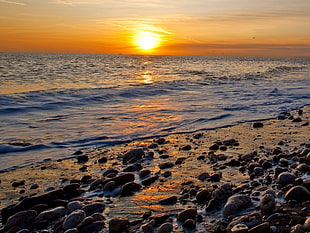 sunrise in seashore with calm sea photograph