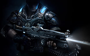 male character holding rifle digital wallpaper, Gears of War, video games, weapon, fantasy weapon