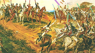 painting of people riding horses, vintage, Brazil, Star Wars, lightsaber