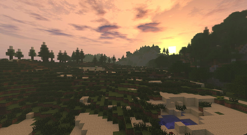 Minecraft game application screenshot, Minecraft, sunset, video games, forest HD wallpaper