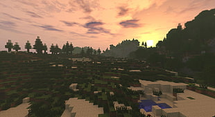 Minecraft game application screenshot, Minecraft, sunset, video games, forest