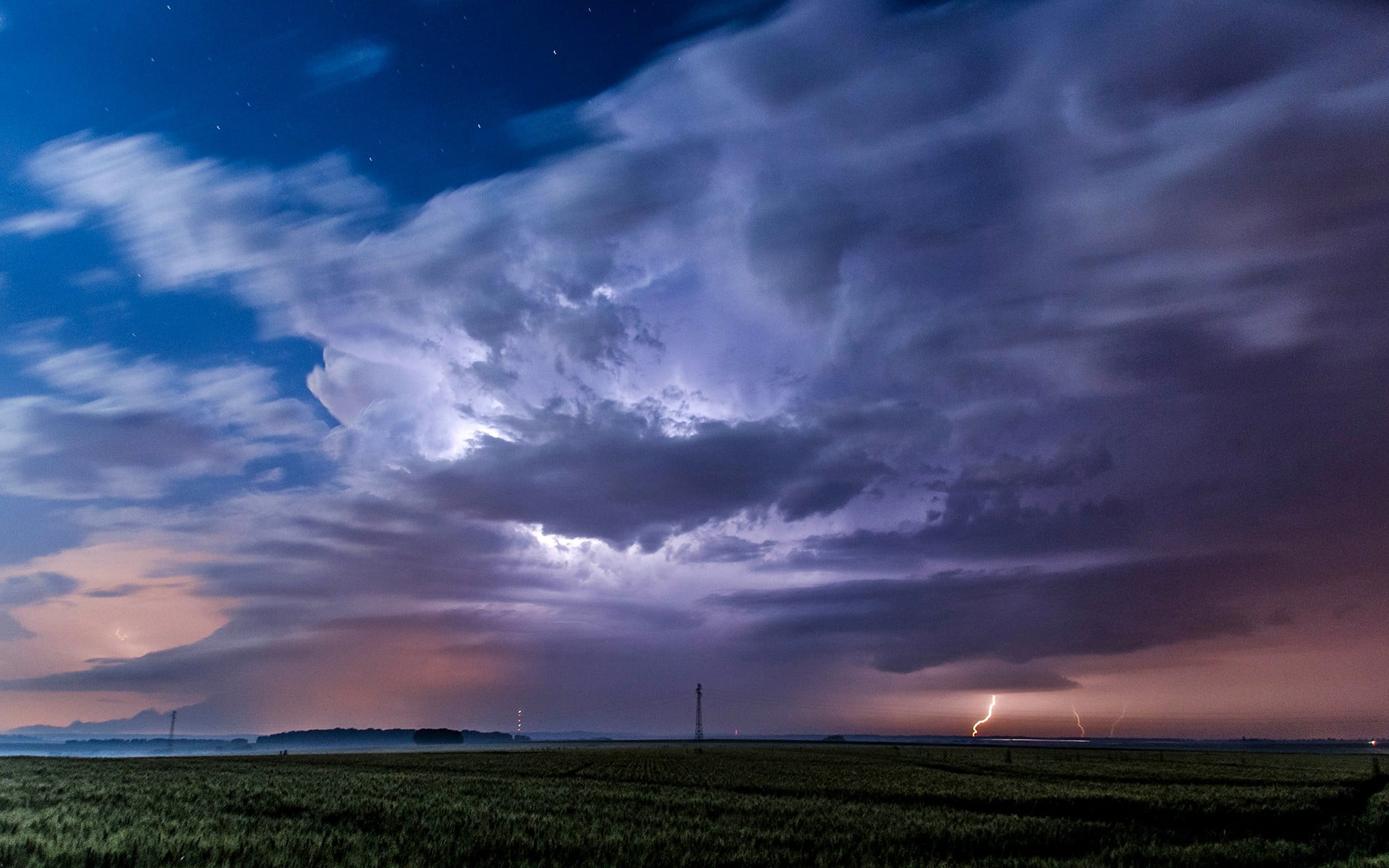 green grass field, landscape, sky, storm, clouds