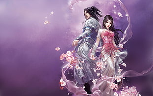 two female doll in pink and purple dresses, fantasy art