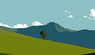 green grass field sketch, landscape, mountains, green, blue