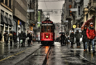 red tram train, photography, city, Turkey, Istanbul