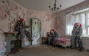 three jester costumes, clowns, horror HD wallpaper