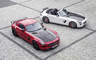 two red and white coupes, car, Mercedes-Benz SLS AMG