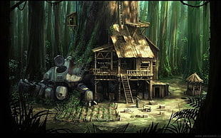 brown wooden house surrounded by trees illustration, anime, forest, mech