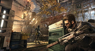game application, Deus Ex, weapon, Adam Jensen, cyberpunk HD wallpaper