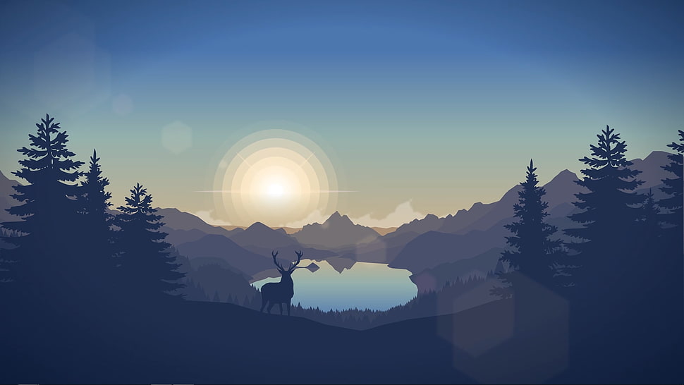 lake surrounded by mountains graphic wallpaper, landscape, deer, Sun, pine trees HD wallpaper