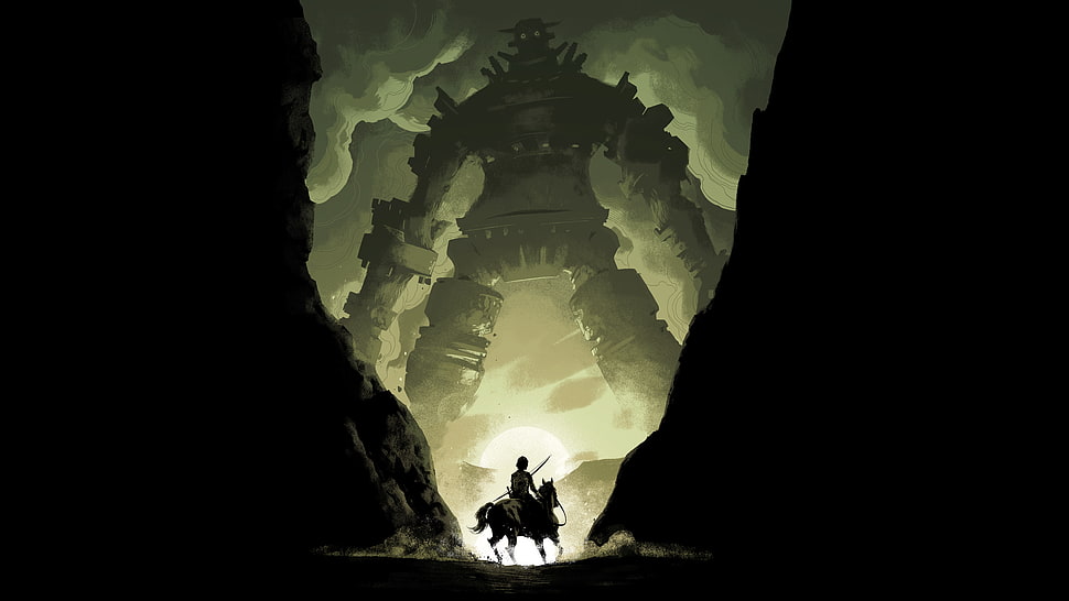 silhouette of man riding horse illustration, video games, artwork, Shadow of the Colossus, giant HD wallpaper