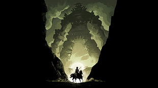 silhouette of man riding horse illustration, video games, artwork, Shadow of the Colossus, giant