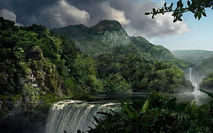 waterfalls on forest HD wallpaper
