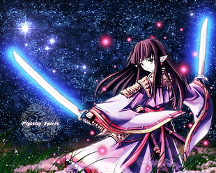 woman holding two lighted sword anime character