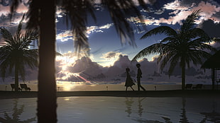 two silhouette persons, anime, landscape, palm trees, sky
