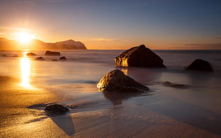 stones near sea during golden hour, vikten, norway HD wallpaper