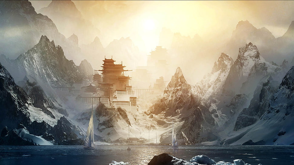 castle surrounded by mountains near body of water wallpaper, artwork, fantasy art, mountains, landscape HD wallpaper