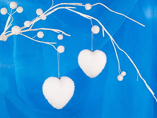 two white fur hearts hanged on white tree branches