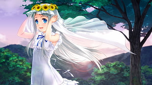 female anime character wearing sunflower headpiece and veil 3D wallpaper