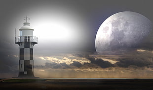 photo of lighthouse and moon HD wallpaper