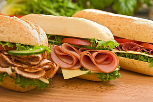 three ham sandwiches, food, sandwiches