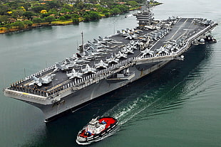 gray and black aircraft carrier and fighter planes, aircraft carrier, warship, vehicle, aircraft