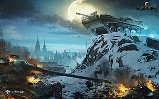 tank on hill during winter season digital wallpaper