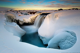 glacier and waterfalls time-lapsed photo, winter, snow, water, ice