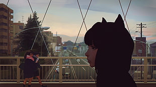 painting of girl wearing hoodie walking on bridge