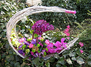 pink flowers in twig crescent moon basket closeup photo at daytime