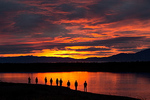 silhouette of people standing near body of water