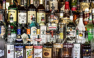 assorted liquor bottles, alcohol, vodka, bottles
