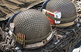 two gray soldier helmets, army, helmet, ammunition
