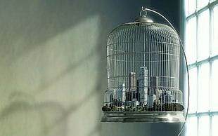 gray birdcage, cages, skyscraper, digital art, sunlight