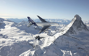white airplane, Airbus, A380, FA-18 Hornet, Matterhorn HD wallpaper