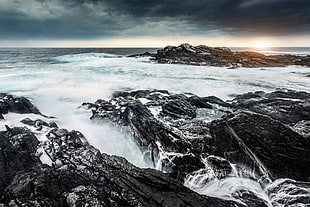 black rocky coast, photography, Marius beck dahle , Runde, sea HD wallpaper