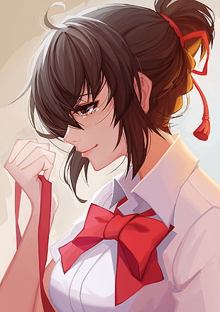 anime woman wearing white and red top with teary eye wallpaper