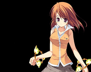woman in orange sleeveless shirt anime character
