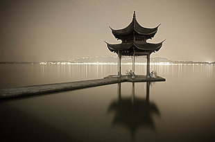 grayscale photography of pagoda gazebo near body of water