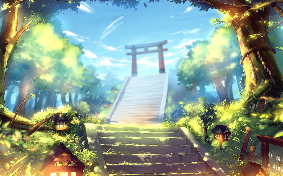 shrine illustration, anime, fantasy art HD wallpaper