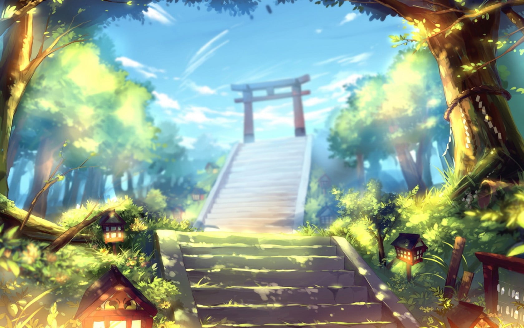 shrine illustration, anime, fantasy art
