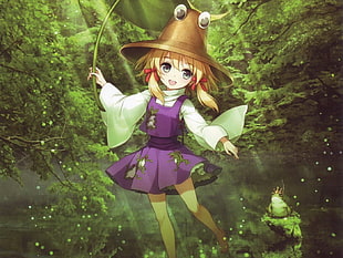 female anime character holding green leaf mobile digital paper HD wallpaper