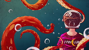 person pink crew-neck top clip art, tentacles, helmet, artwork, bubbles