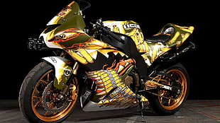 black and yellow sport bike, motorcycle, gun, Kawasaki HD wallpaper