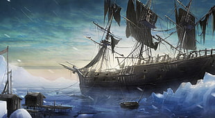 illustration of galleon ship on ice